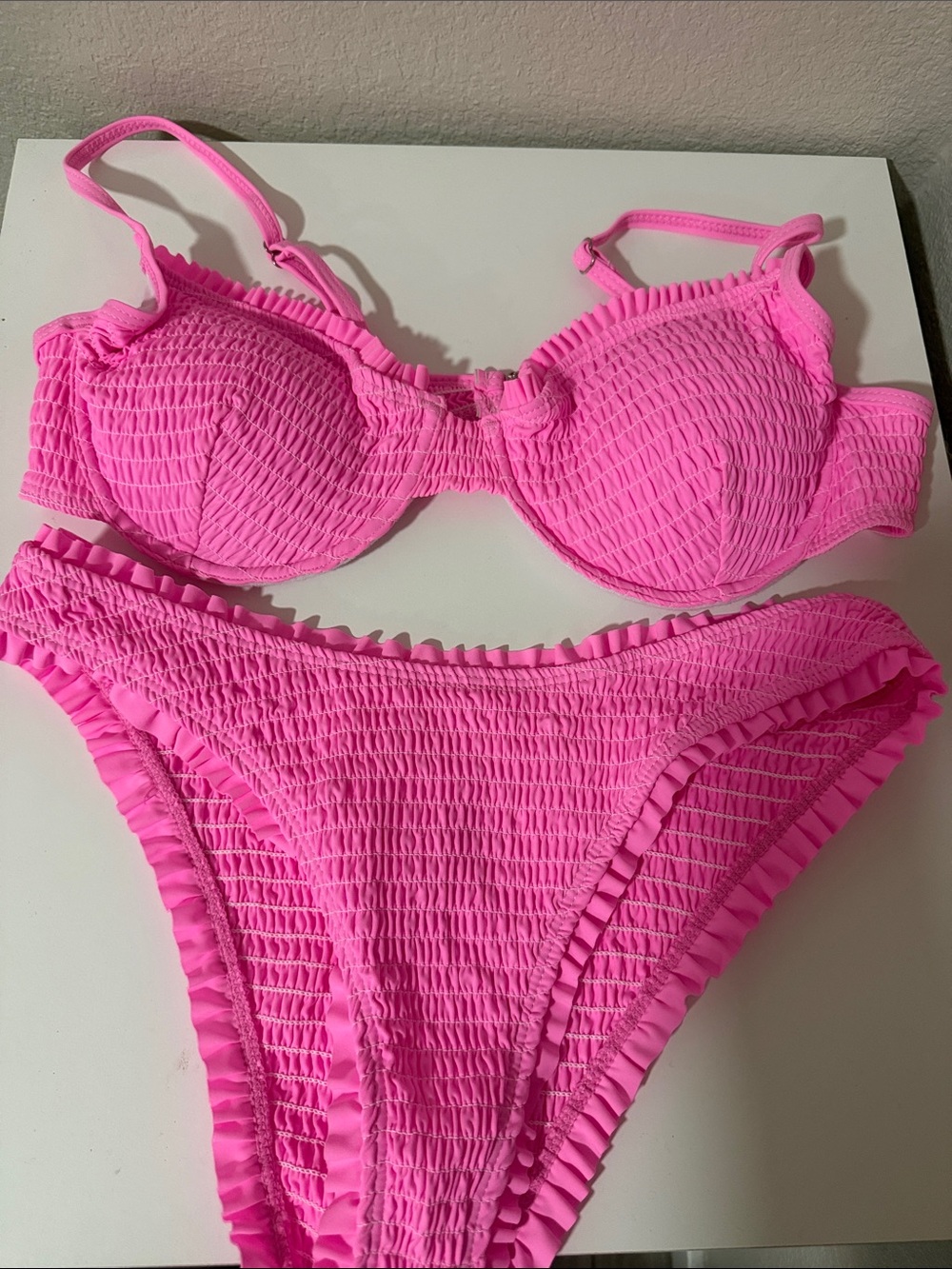 SHEIN Bright Pink Ruffled Smocked Bikini Set